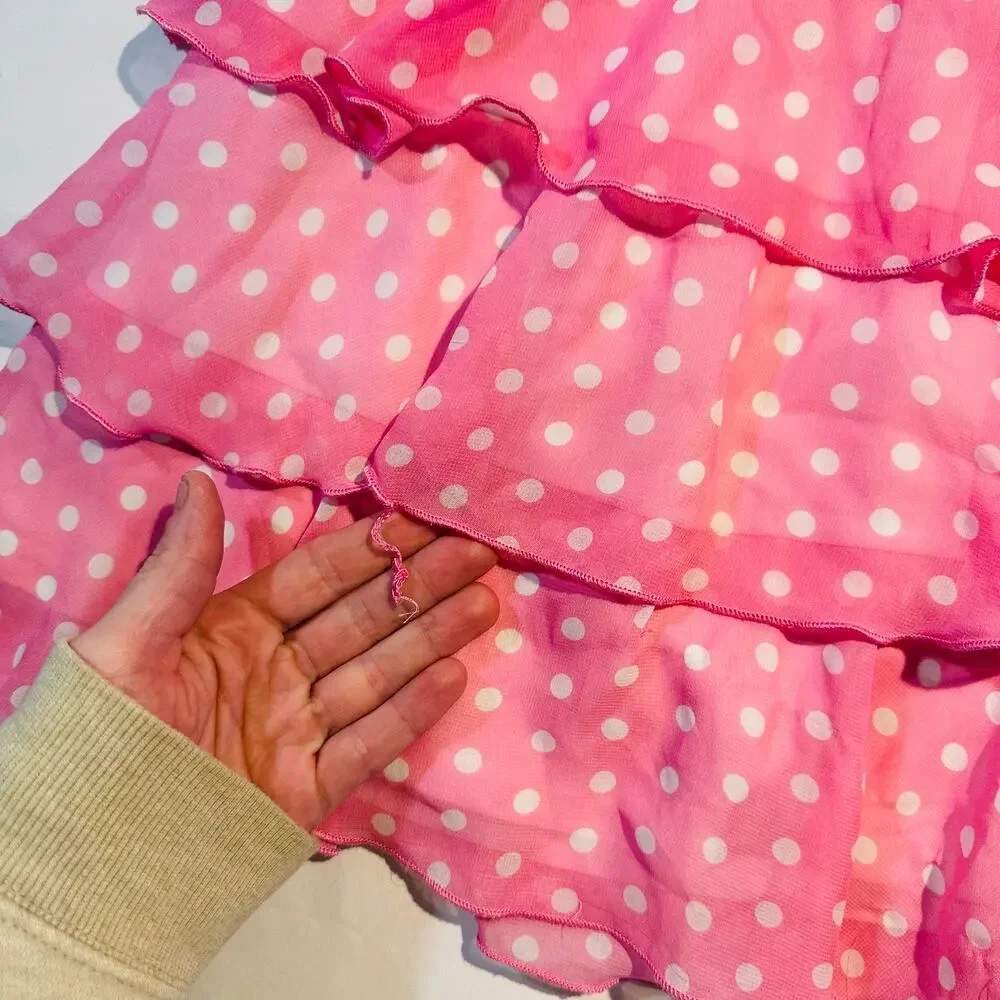 Y2K Iz Amy Byer Pink & White Polka Dot Ruffle Tiered Dress w/ Cardigan Sz 6x